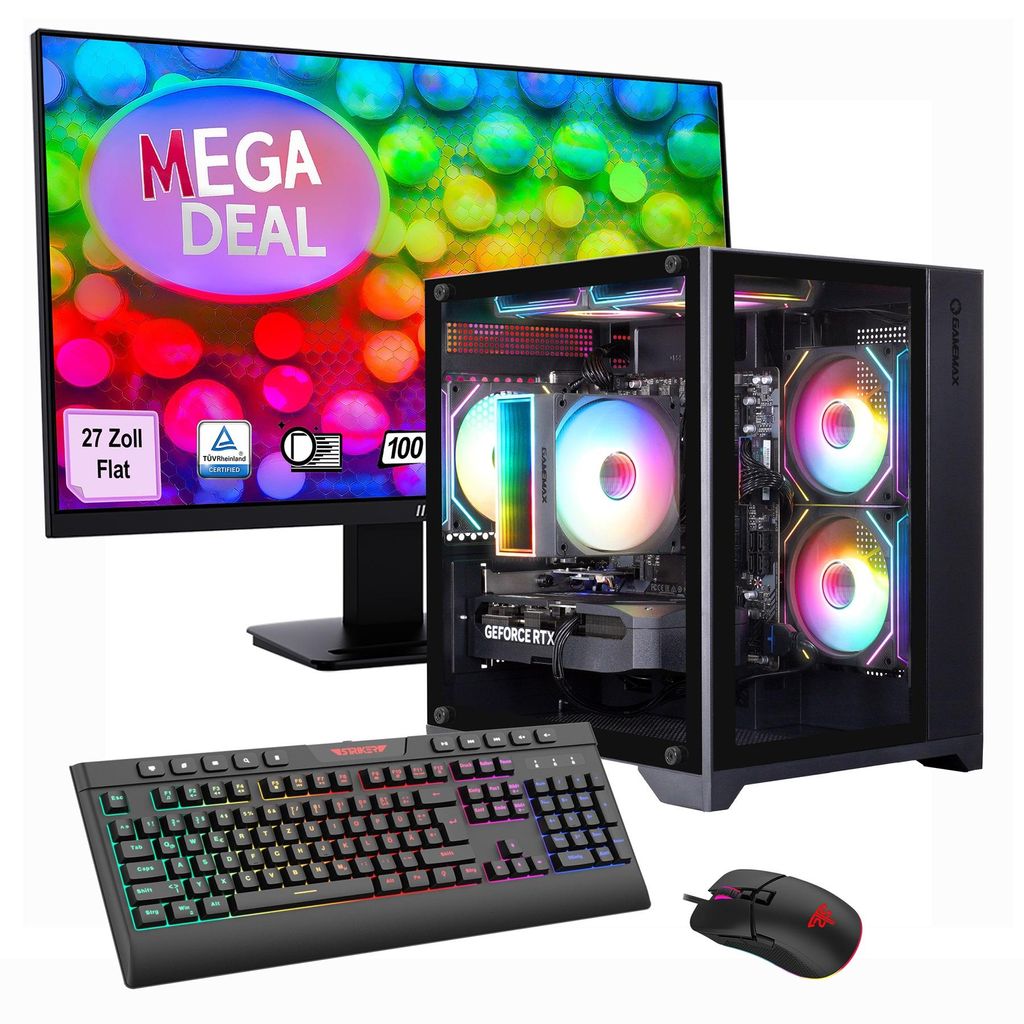 GAMEMAX Gaming-PC Infinity Mini BK Komplett SET Ryzen 5 7500F 32GB DDR5 1TB SSD RTX 5060 + MSI PRO MP273A LED-Monitor, 69cm (27"), Maus, Tastatur
