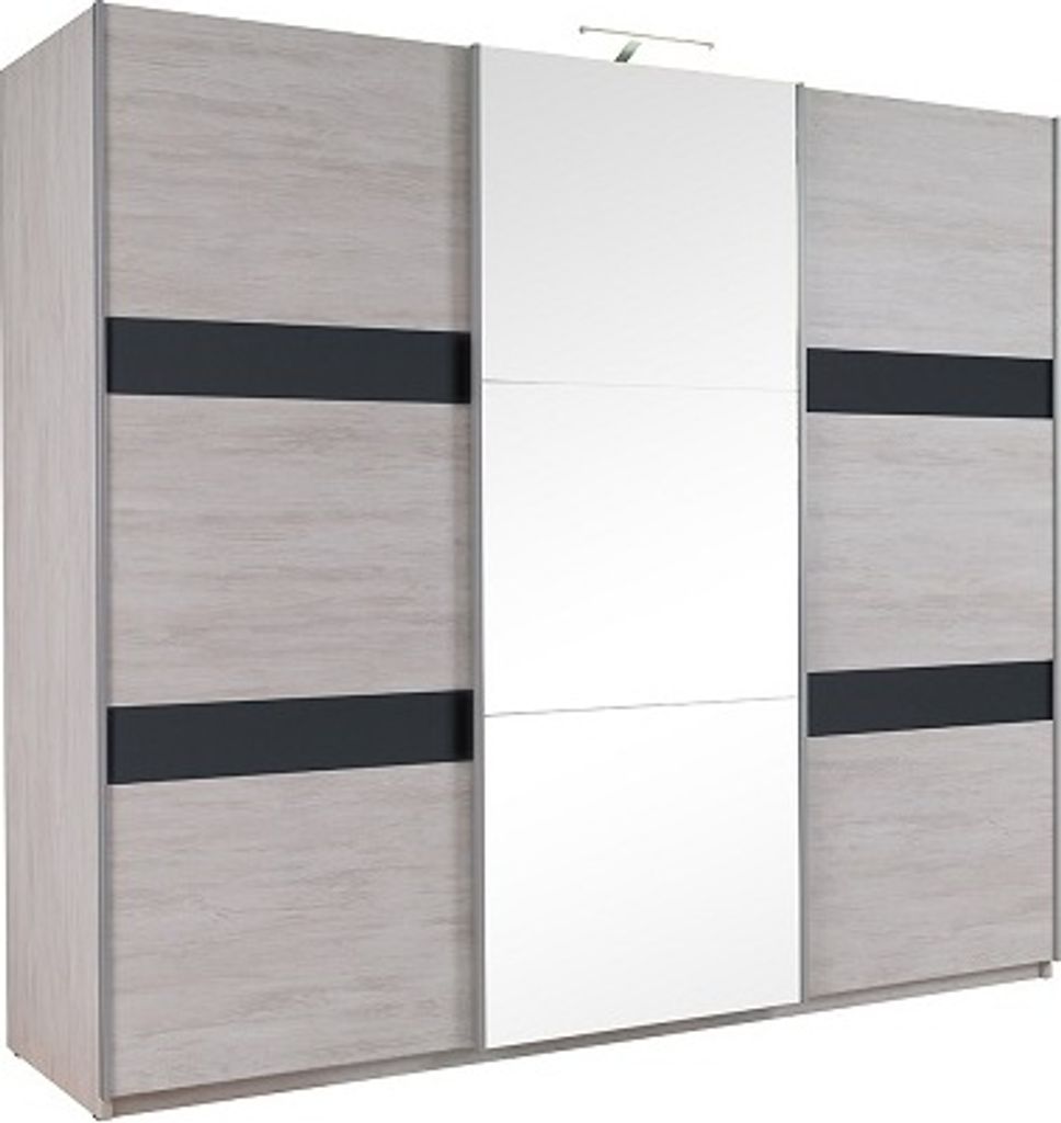 Furmeb24 - DENVER 3-triger Schwebeschrank mit Spiegel, Kleiderschrank (Eiche wei / Graphit gl€nzend+Spiegel) - Inclusive LED