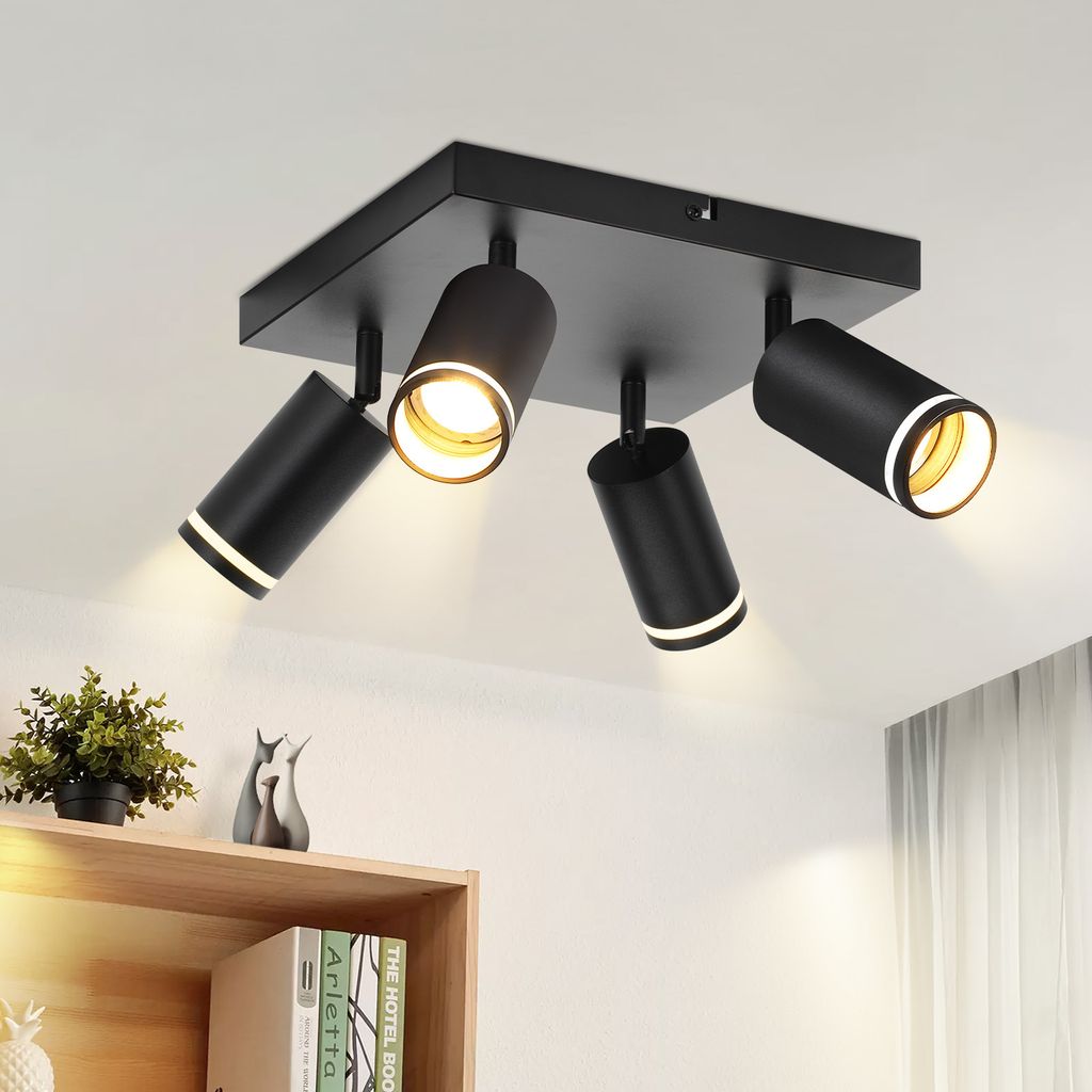 ZMH LED Deckenleuchte 4 Flammig Schwarz Deckenlampe Spots GU10 Schwenkbar Wandstrahler Metall Deckenspots für Küche Schlafzimmer Ohne Leuchtmittel