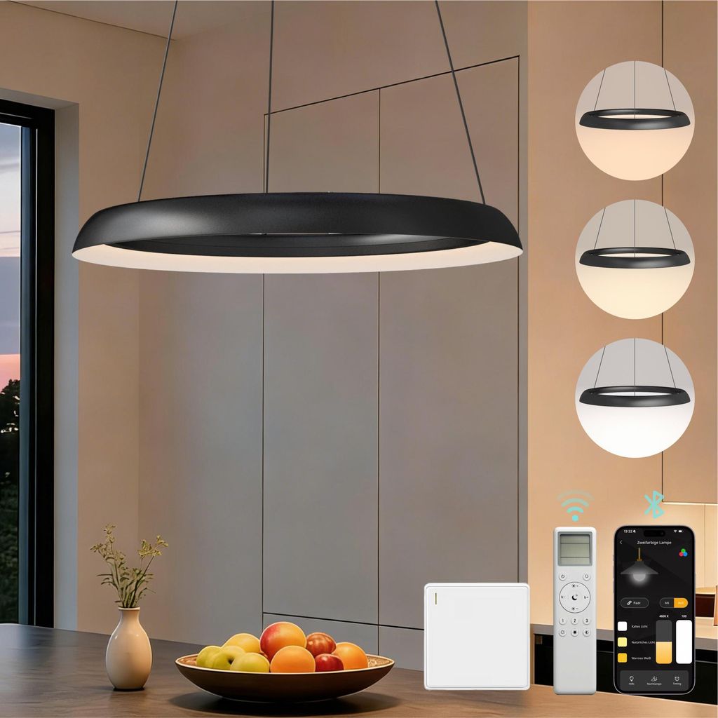Mai & Mai Pendelleuchte Esstisch, 60cm LED Hängelampe, stufenlos dimmbar höhenverstellbare 30W Esstischlampe mit Fernbedienung Sandschwarz Luvina04
