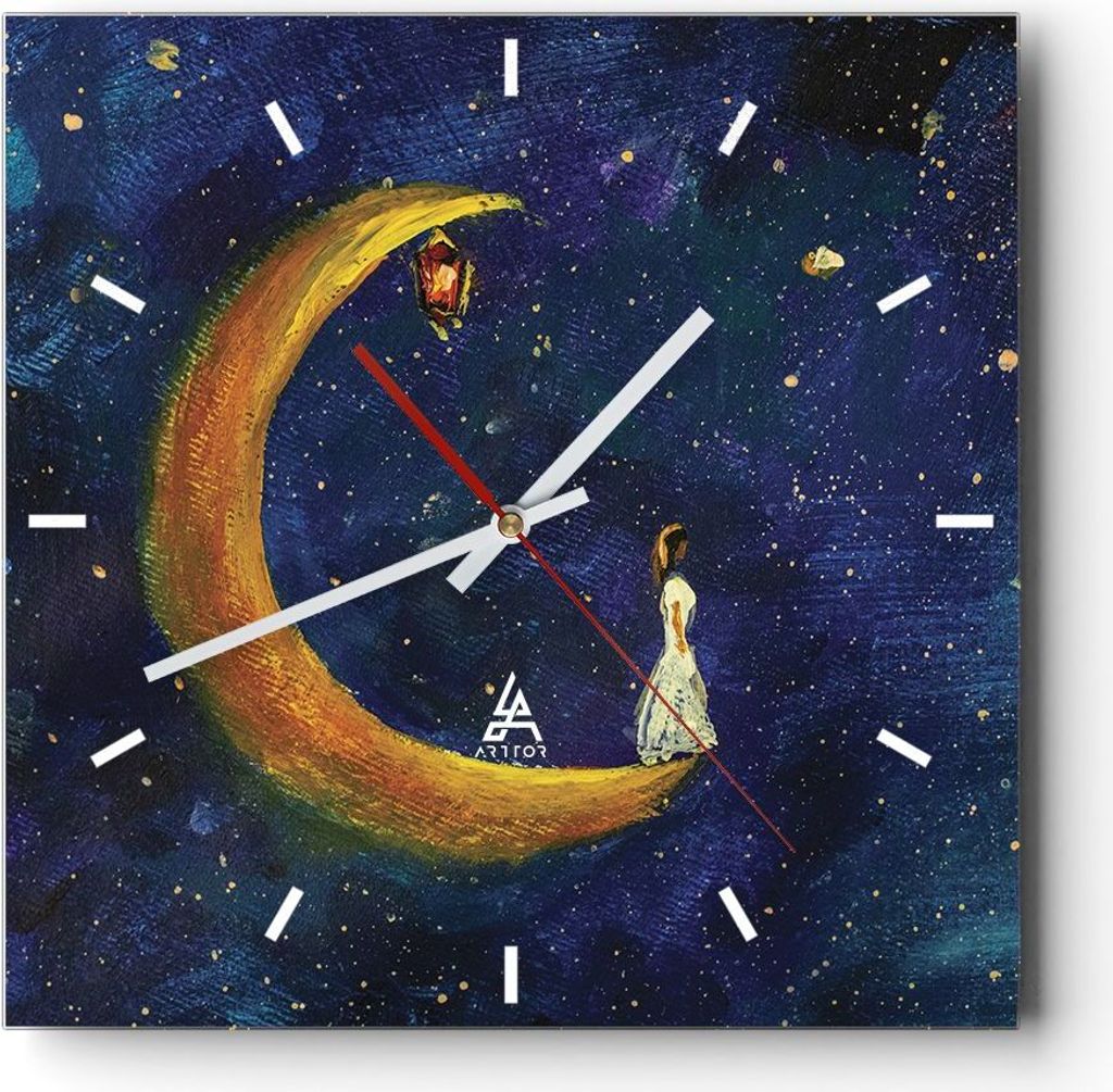 Wanduhr - Quadrat - Glasuhr - Mädchen auf der Mond - 30x30cm - Schleichendes Uhrwerk - Lautlos - zum Aufhängen bereit - Dekoration Modern - Wandd...