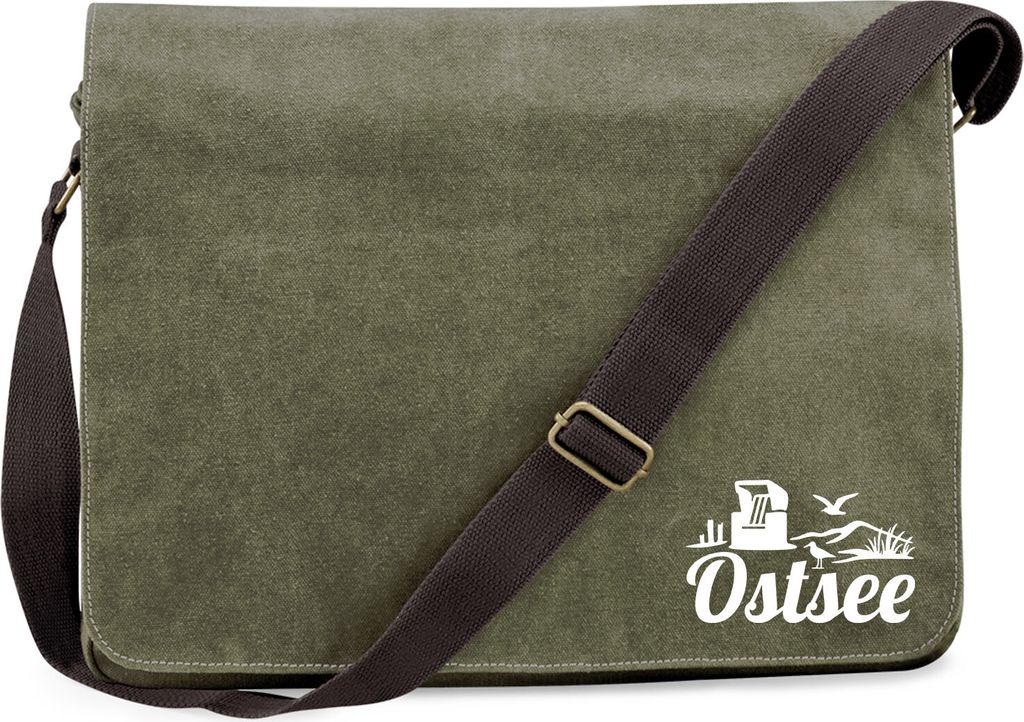 Huuraa Umhängetasche Ostsee Strandmotiv 14 Liter Military Green Canvas Laptoptasche Geschenkidee