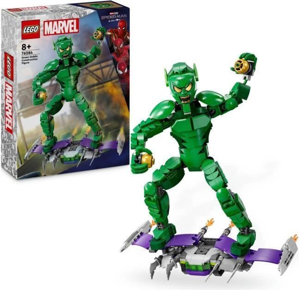 LEGO Marvel Green Goblin Figur, Baufigur, Superhelden Spielzeug für Kinder, 76284, mit Flieger und Kürbisbomben