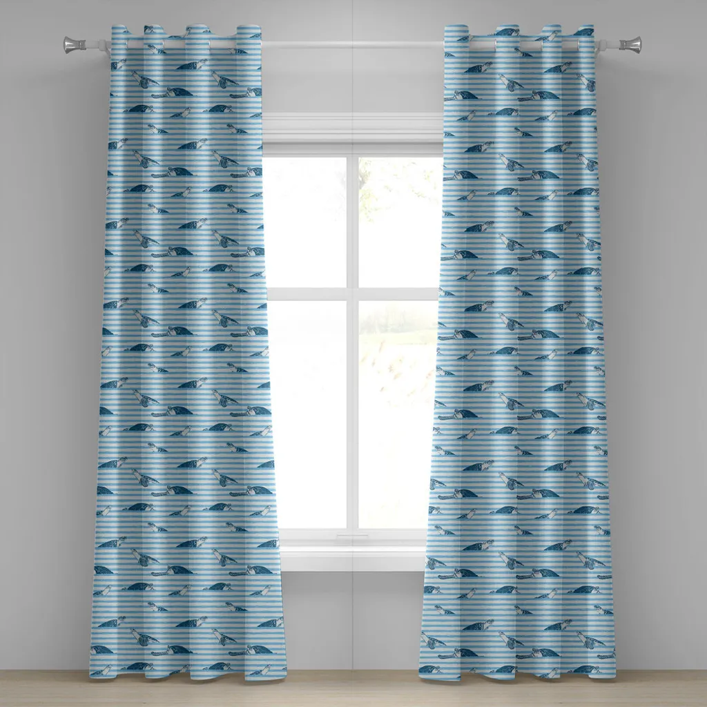 ABAKUHAUS Tenda a occhielli a righe, tartarughe e strisce blu - stampa astratta - tema acquatico - motivo Caretta Ocean Animal, tende decorative a 2 pannelli per finestre, 280 cm x 175 cm, blu