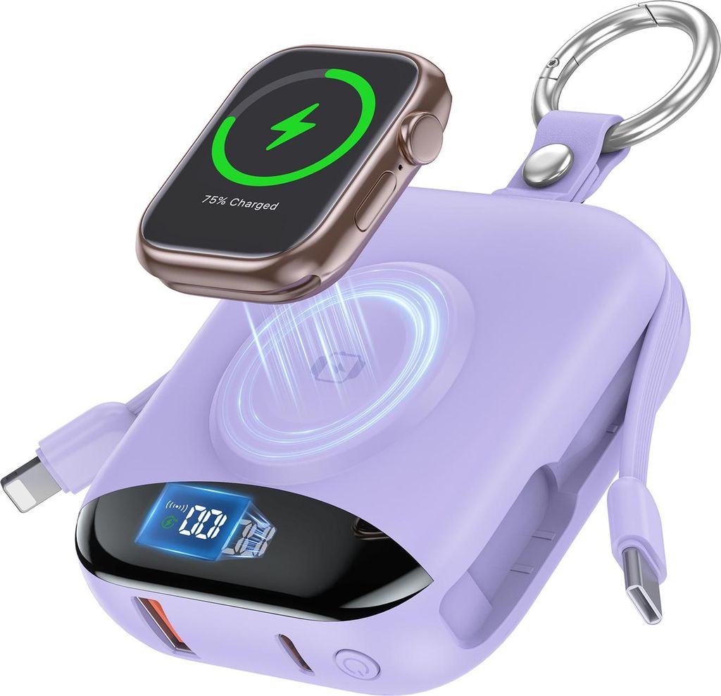 10000 mAh 22,5 W Schnellladeger?t mit integrierten Kabeln, 4-in-1-Tragbares Ladeger?t, Lila