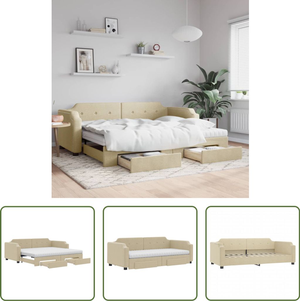 The Living Store Tagesbett Ausziehbar mit Schubladen Creme 90x200 cm Stoff