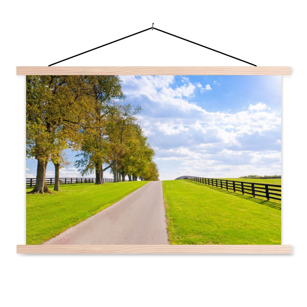MuchoWow Textilposter Wolken - Bäume - Straße 120x80 cm mit holzfarbenen Rahmen - Aufhängeset