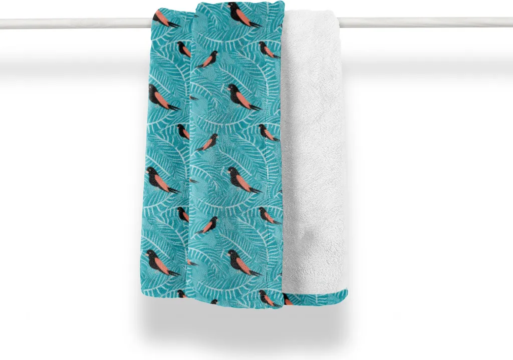 ABAKUHAUS Nestling Morbida coperta in pile di flanella, foglie di uccellini esotici, comodo peluche per interni ed esterni, 125 x 175 cm, blu mare e corallo