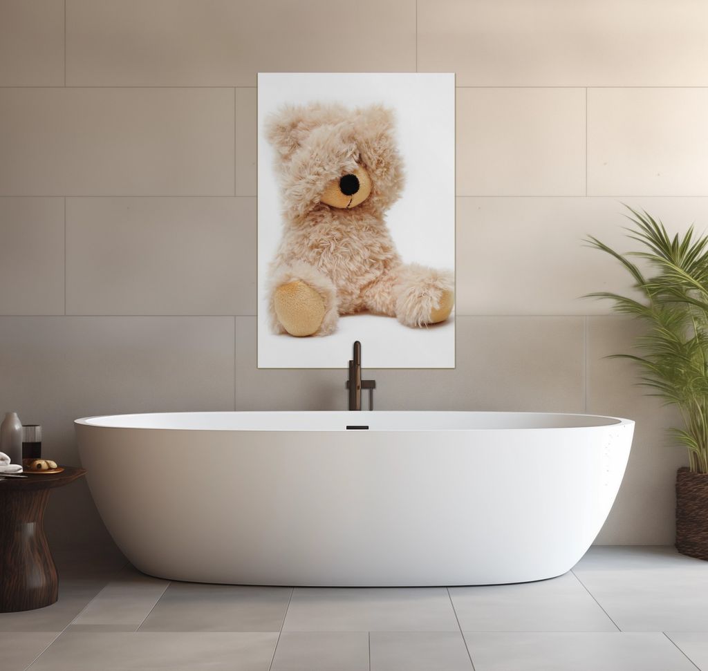 Wallario wasserfestes Poster selbstklebend 91,50 x 61 cm, Süßer Teddybär, Badezimmerposter Spritzschutz mit Hochglanzoberfläche in Glasoptik