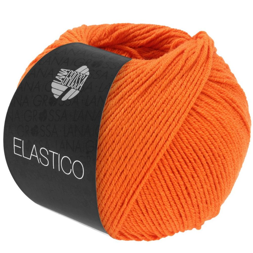 A ball of orange yarn with a black label.