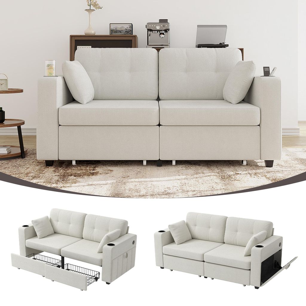 Zweisitzer Sofa – mit 2 Stauraumschubladen, USB-Ladeanschlüssen, Getränkehaltern & Seitentaschen, versteckte Staufächer, für Wohnzimmer, Wohn...