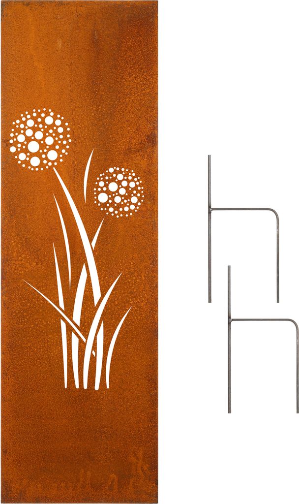 A metal garden decoration with a dandelion design and two metal stakes.