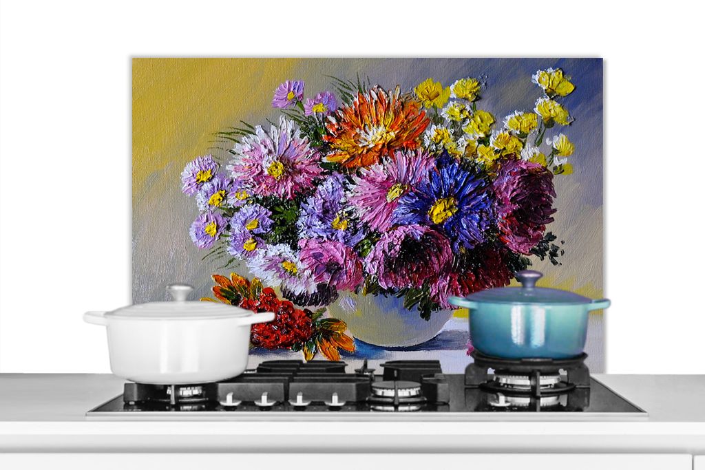 KitchenYeah Spritzschutz Küche - Küchenrückwand - Wandschutz für Herd und Spüle - Ölfarbe - Blumen - Stilleben 80x55 - Alu-Dibond (Alternat...