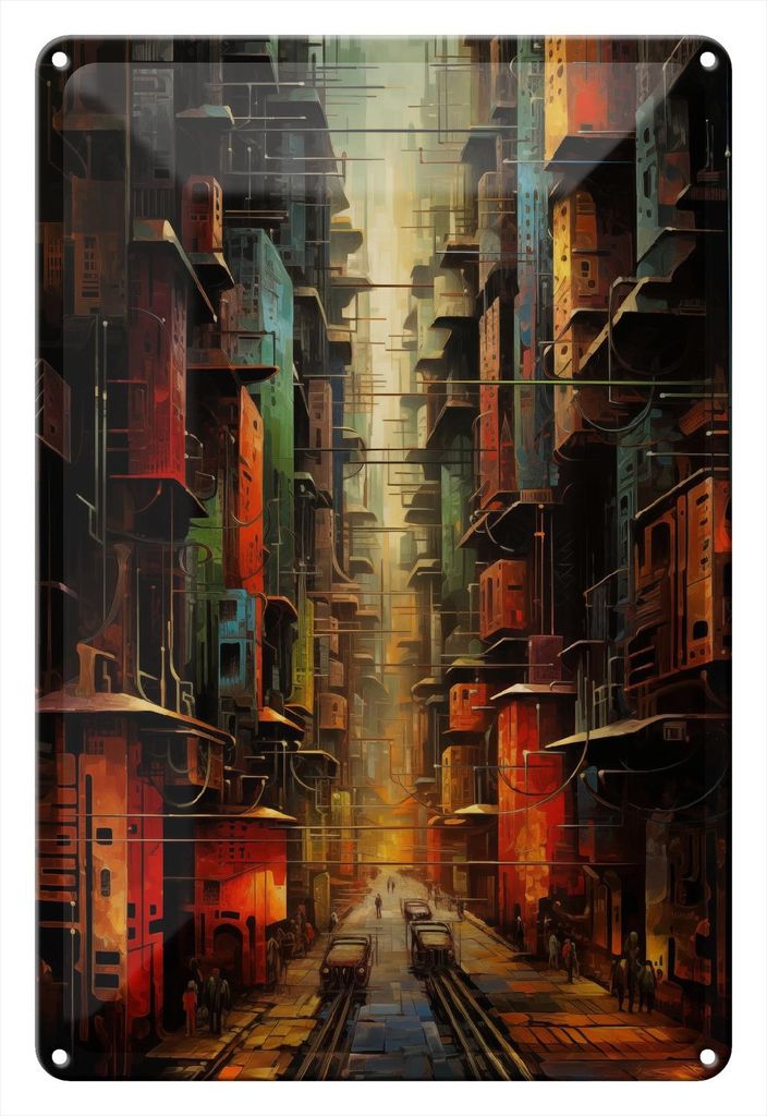 Wallario Blechschild Metallbild : Brillante Farben, Größe 20 x 30 cm Motiv Stadt der Zukunft