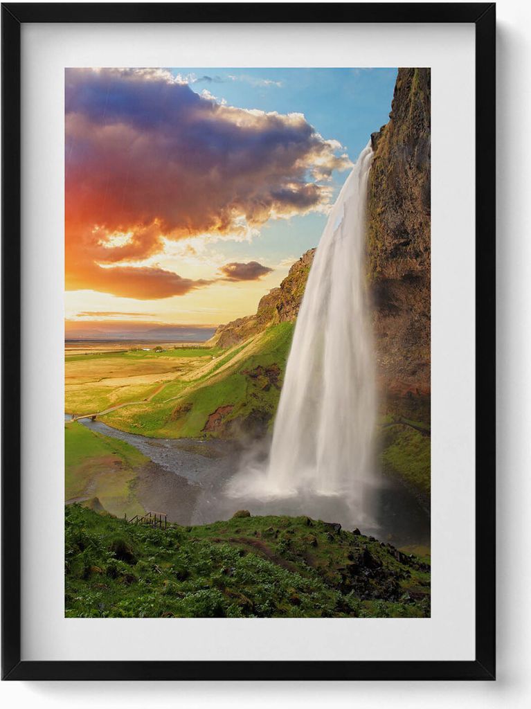 Wasserfall in Island– Wandbild mit Rahmen – Gerahmtes Bild – Wanddekoration – 50x70 cm – Schwarz Rahmen