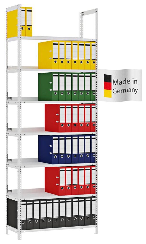 PROREGAL Aktenregal Schraubsystem MAGNUS Germany | HxBxT 255x100x30cm | 7 Ebenen | Fachlast 60kg | Einseitig nutzbar | Lichtgrau
