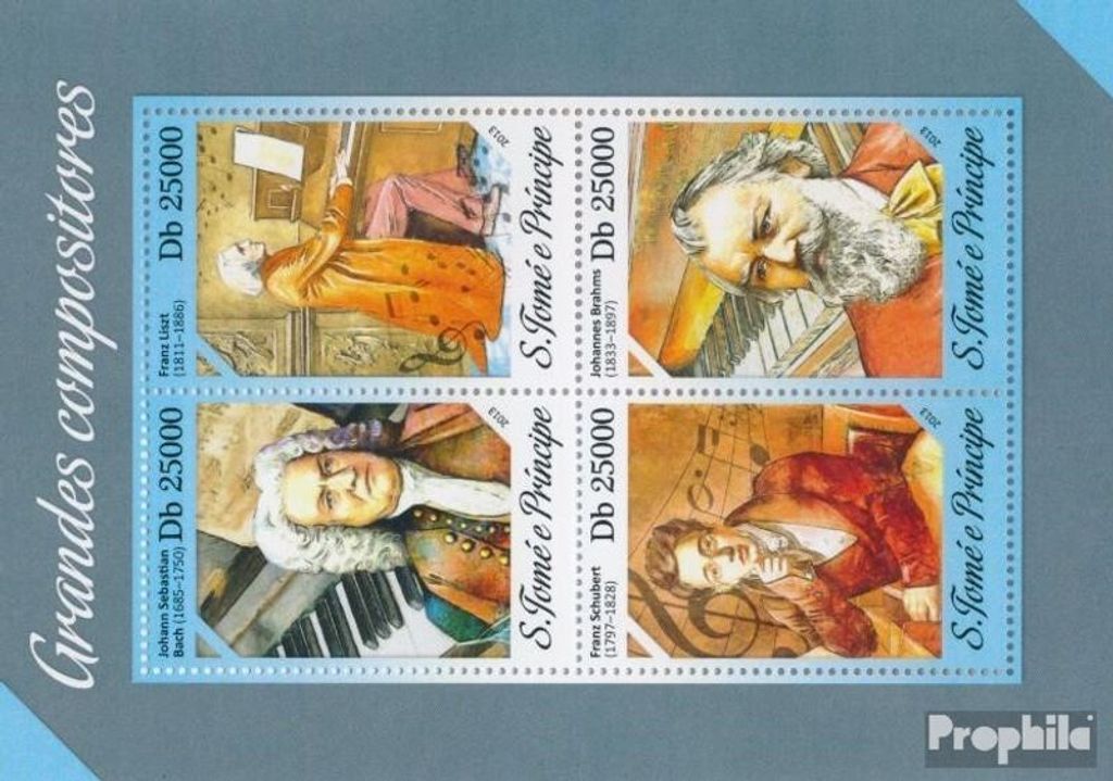 Briefmarken Sao Tome e Principe 2013 Mi 5431-5434 Kleinbogen (kompl. Ausgabe) postfrisch Große Komponisten
