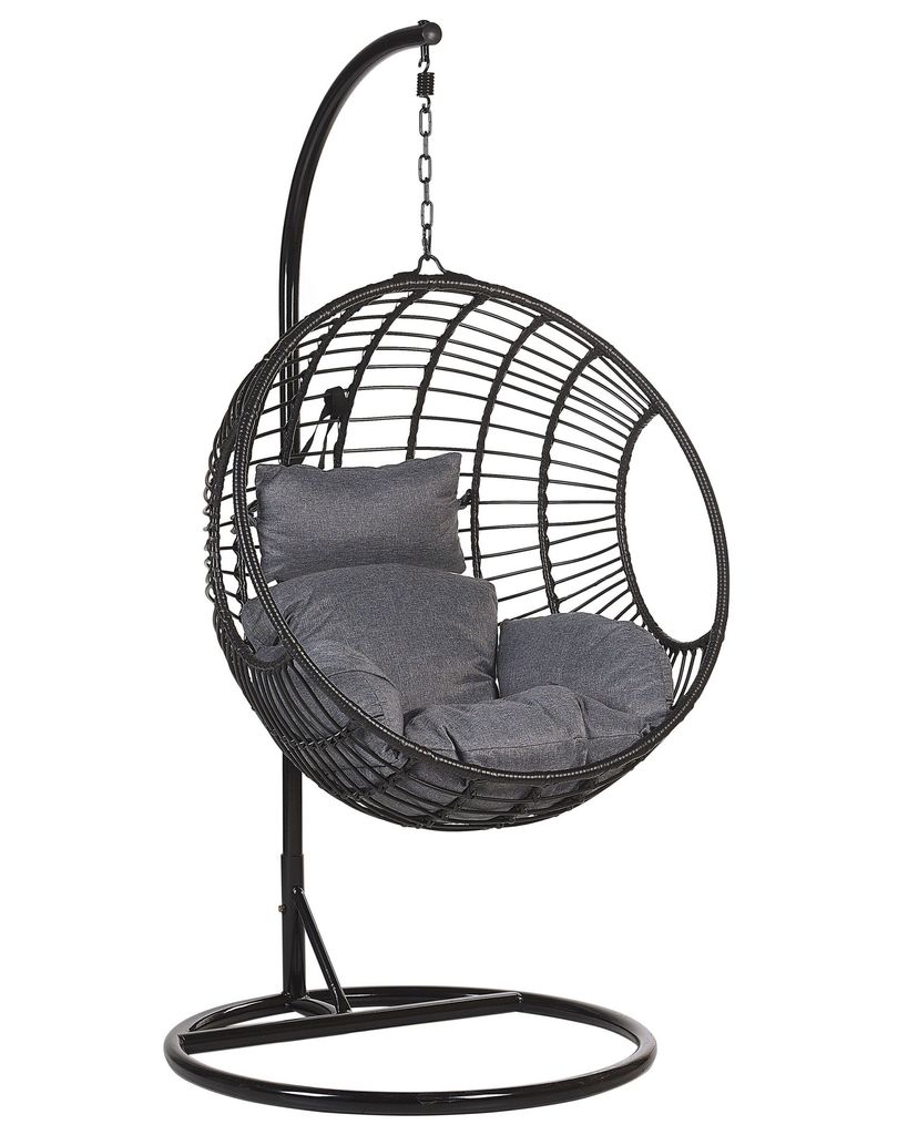 BELIANI Hängesessel Schwarz Rattan mit schwarzem Stahl-Gestell inkl. Kissen Outdoor Indoor Boho Stil