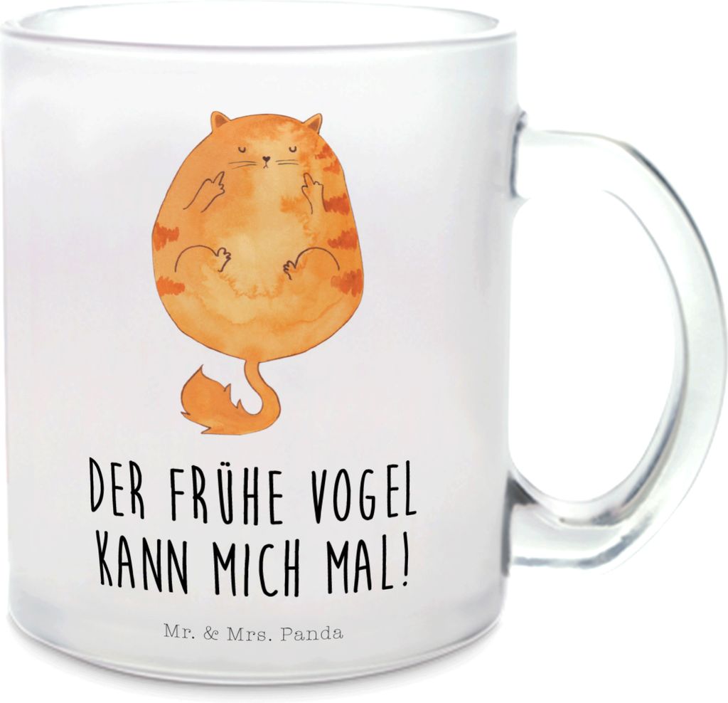 Mr. & Mrs. Panda Tee Tasse Katze Frühaufsteher - Transparent - Geschenk, Kaffee, Teetasse, Mittelfinger, Genervt, Teeglas, aus Glas, Pott, Haferl,...