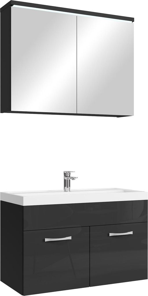 Badplaats Badmöbel Komplettset Paso 02 80 x 40 cm Schwarz Hochglanz - Badezimmermöbel mit Waschbecken und Spiegelschrank