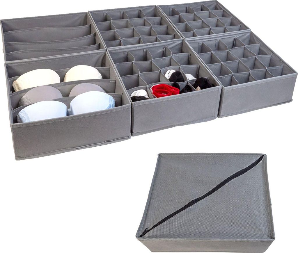 Intirilife Aufbewahrungsboxen Ordnungssystem 6-teilig für Schubladen aus Vlies in Grau - Zwei 4-Fach Boxen 33x26x11 / Vier 16-Fach Boxen 28.5x26x1...