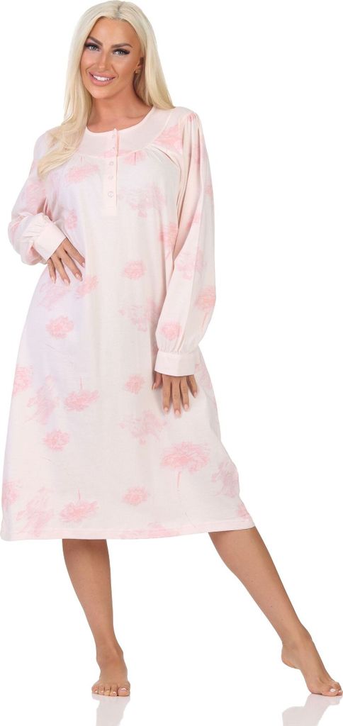 Normann Damen langarm Nachthemd im klassischen fraulichen Design mit Knopfleiste am Hals ; rose , 44