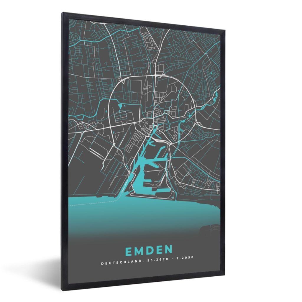 MuchoWow Gerahmtes Poster Karte - Emden - Blau - Stadtplan - Deutschland 40x60 cm - Poster mit Schwarzem Bilderrahmen Wandposter Rahmen Foto Bild...