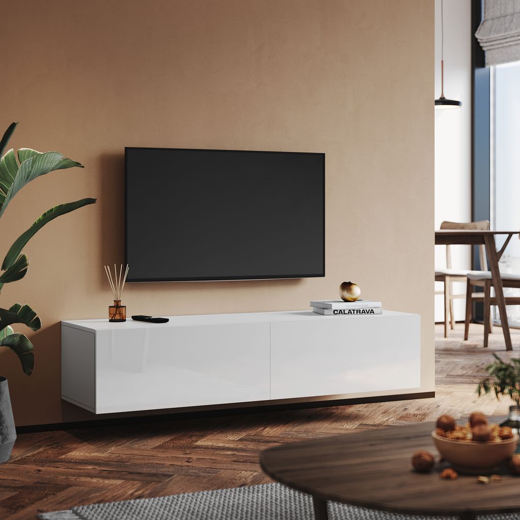 SONNI Armoires TV blanches brillantes suspendues en bois Image du produit 