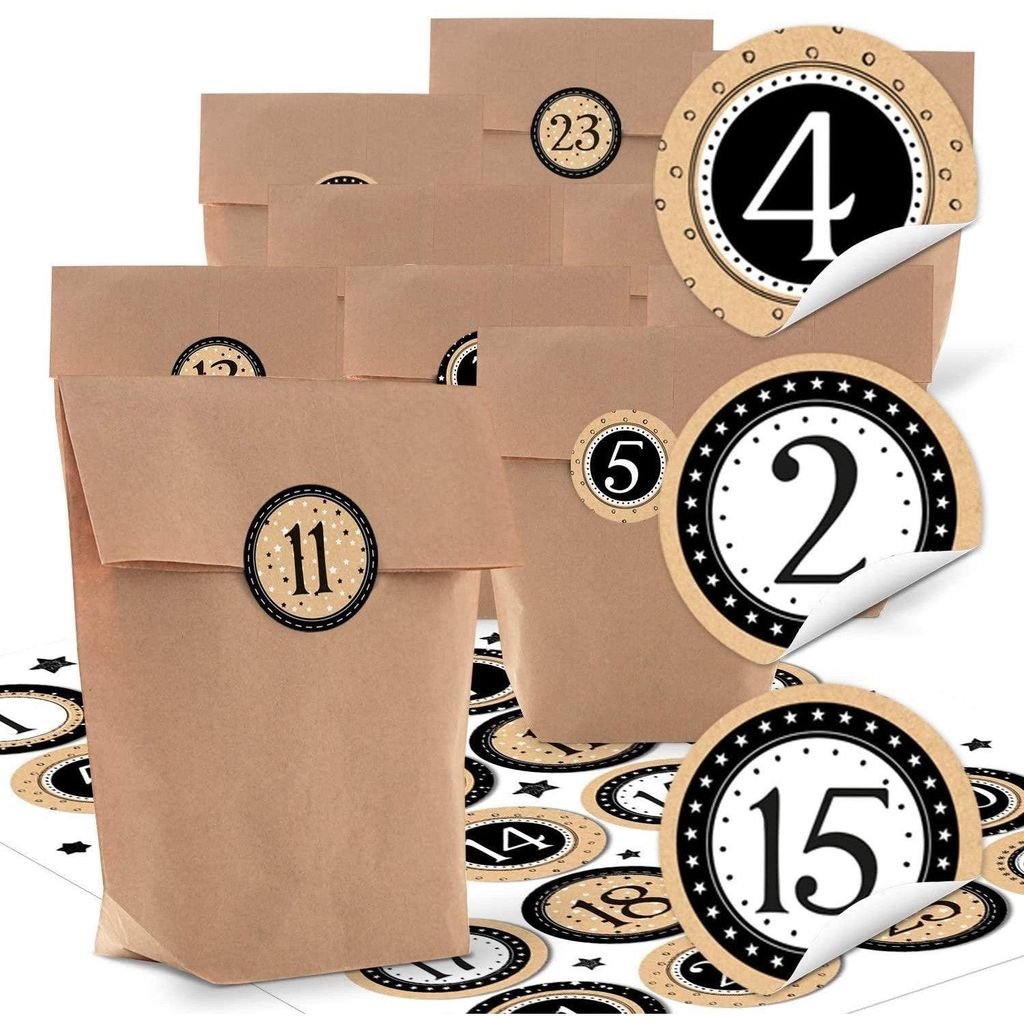 24 kleine natürliche braune Papier-Tüten natur Kraftpapier 14 x 22 x 5,6 cm + 1 bis 24 Zahlen weihnachtliche Aufkleber STERNE beige schwarz weiß...