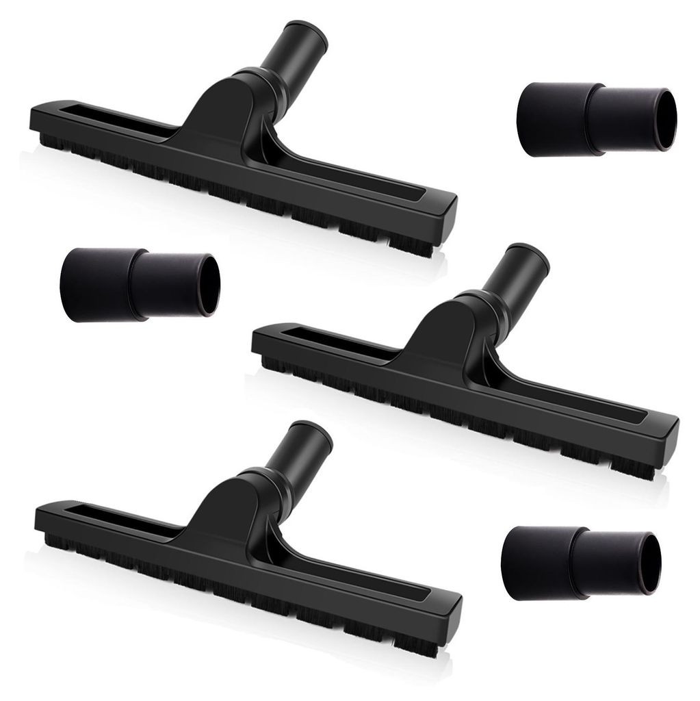 Three vacuum cleaner floor brushes and two adapters arranged on a white background.
