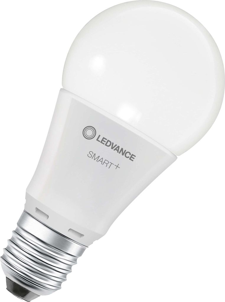 A white LED light bulb with a silver screw base, angled against a white background.