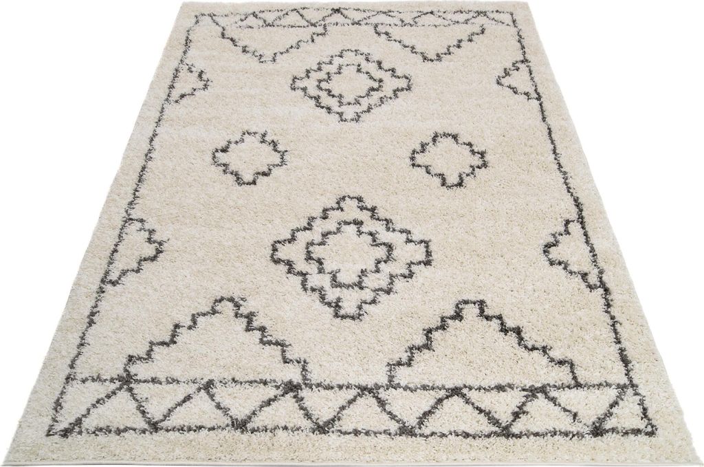 Teppich Wohnzimmer Schlafzimmer Modern Design Shaggy Hochflor Langflor Creme Grau 120 x 170 cm