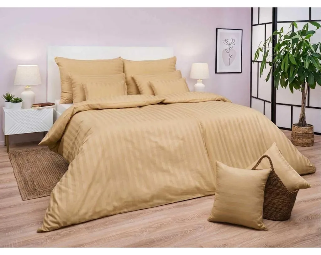 Housse de couette satin beige 140x200 cm, rayures 2 cm, toucher soyeux