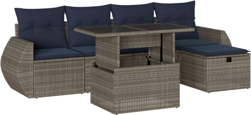 6-teiliges Gartensofa-Set mit Kissen, grau, Polyrattan