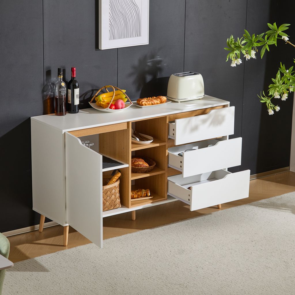 AIORBER Sideboard mit verstellbaren Einlegeböden, 3 Schubladen, Massivholzbeine, verdeckte Griffe, kippsicheres Design, für Küche,140x40x80,5cm,...
