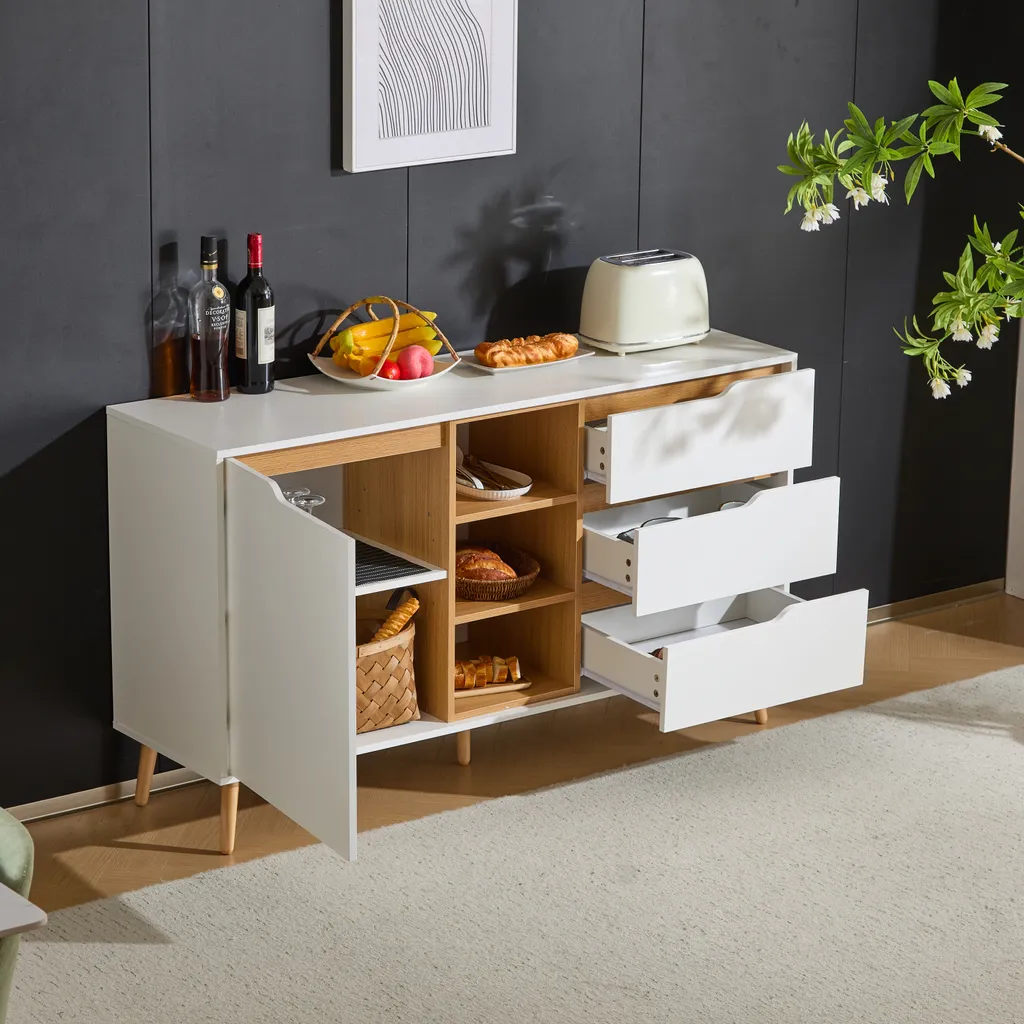 AIORBER Sideboard Blanc 140cm avec 3 Tiroirs et Pieds en Bois Massif