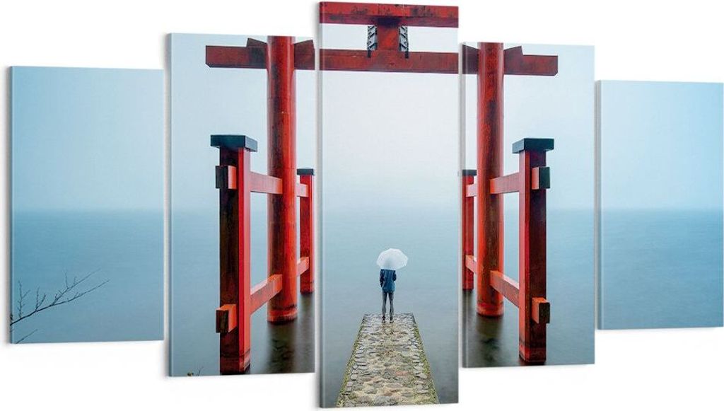 Bild auf Leinwand - Leinwandbild - 5 Teile - Itsukushima-Jinja Tempel Regenschirm - 160x85cm Wand Bild Wanddeko Wandbilder Leinwanddruck Bilder Wan...