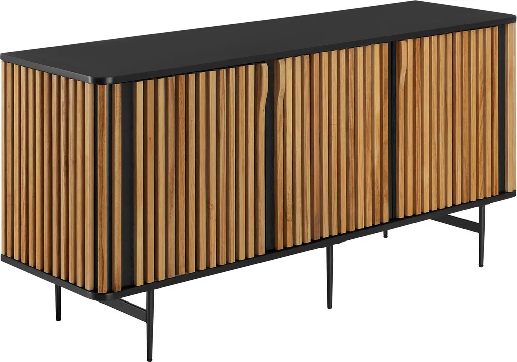 Buffet bas LINEO noir et bois marron avec grands compartiments fermés