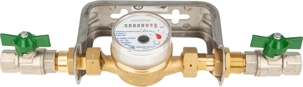 Einstrahlzähler ETK Kombi-Set (Kaltwasser) bis 30 Grad Länge 110 mm, inkl. Bügel Edelstahl, Kugelhähne 1/2 Zoll
