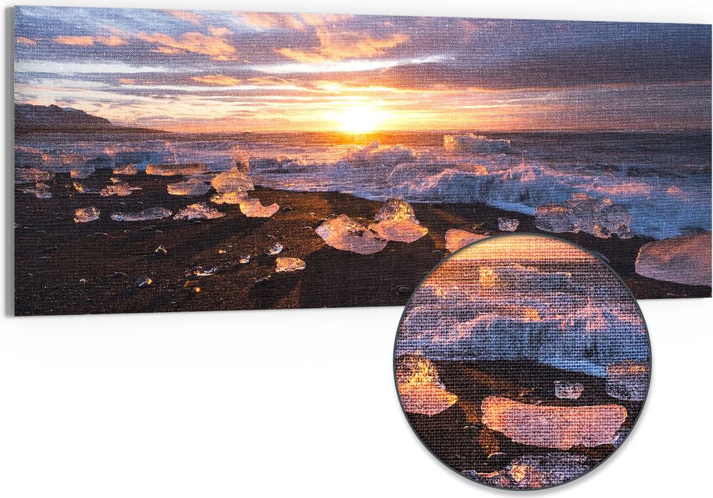 DEQORI Hybrid Leinwand Bild 150x60 cm 'Diamantstrand' Wandbild Glas flach modern