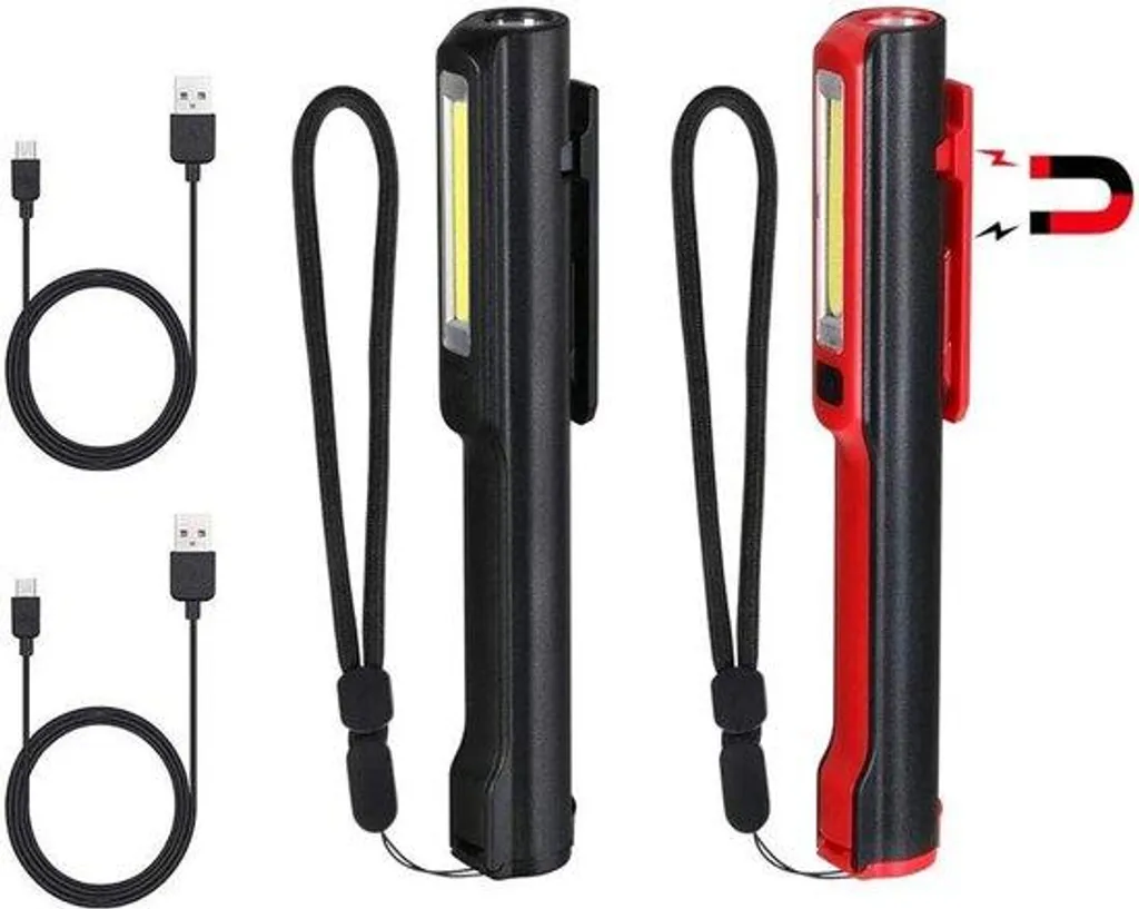 Lot de 2 Lampes Torches LED d'Inspection avec Clip Magnétique Noir et Rouge