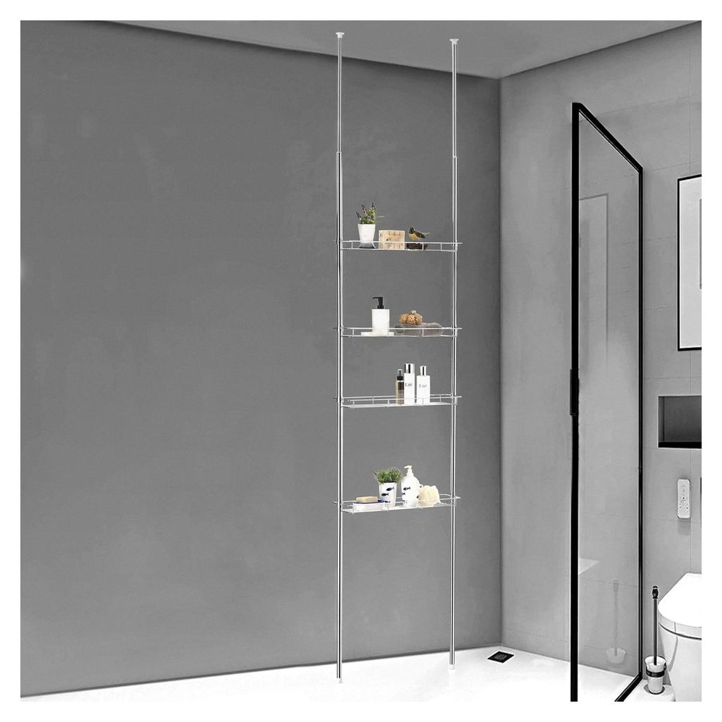 Duschregal Paula mit 4 offenen Ablagekörben, Chrom, höhenverstellbare Teleskopstange bis 280 cm, ideal für Badezimmer ohne Bohren