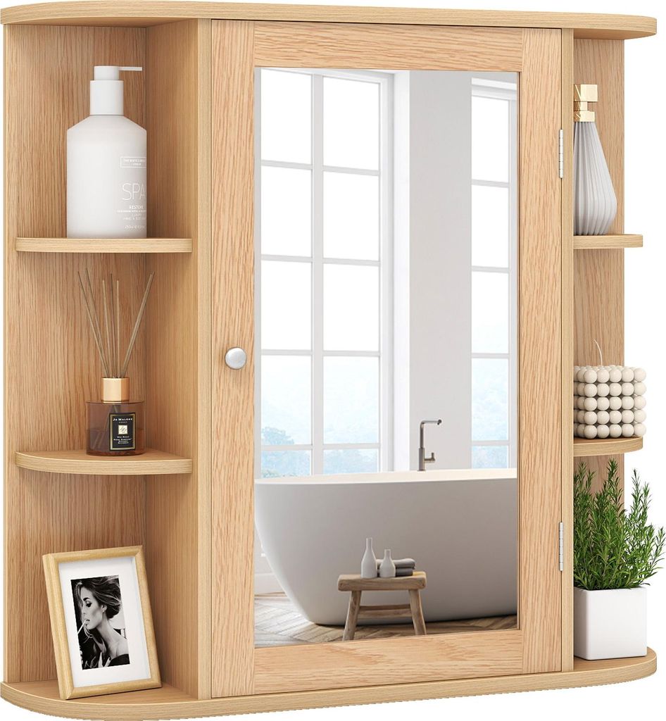 COSTWAY Spiegelschrank Bad, Badezimmerschrank mit Spiegel, 4 Fächer & 6 Ablagen, Badschrank, Badezimmer Hängeschrank, Holz, 66x16,5x62cm, Natur
