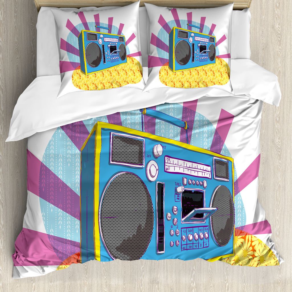 ABAKUHAUS 70s-Party Bettbezug, Boom Box-Pop-Art-Tanz, Milbensicher Allergiker geeignet mit Kissenbezügen, 200 cm x 200 cm - 80 x 80 cm, Mehrfarbig