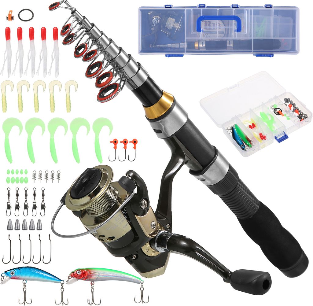 Angelruten- und Rollen-Kombinationen Teleskop-Angelrute mit Spinnrolle Combo-Kit Angelschnur Koeder Haken Wirbel Set Angelzubehoer mit Tackle Box