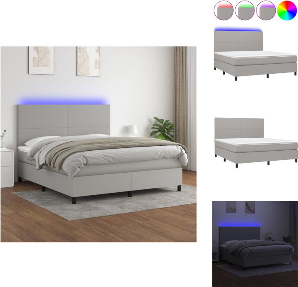 vidaXL Boxspringbett mit Matratze & LED Hellgrau 160x200 cm Stoff - Betten & Bettgestelle