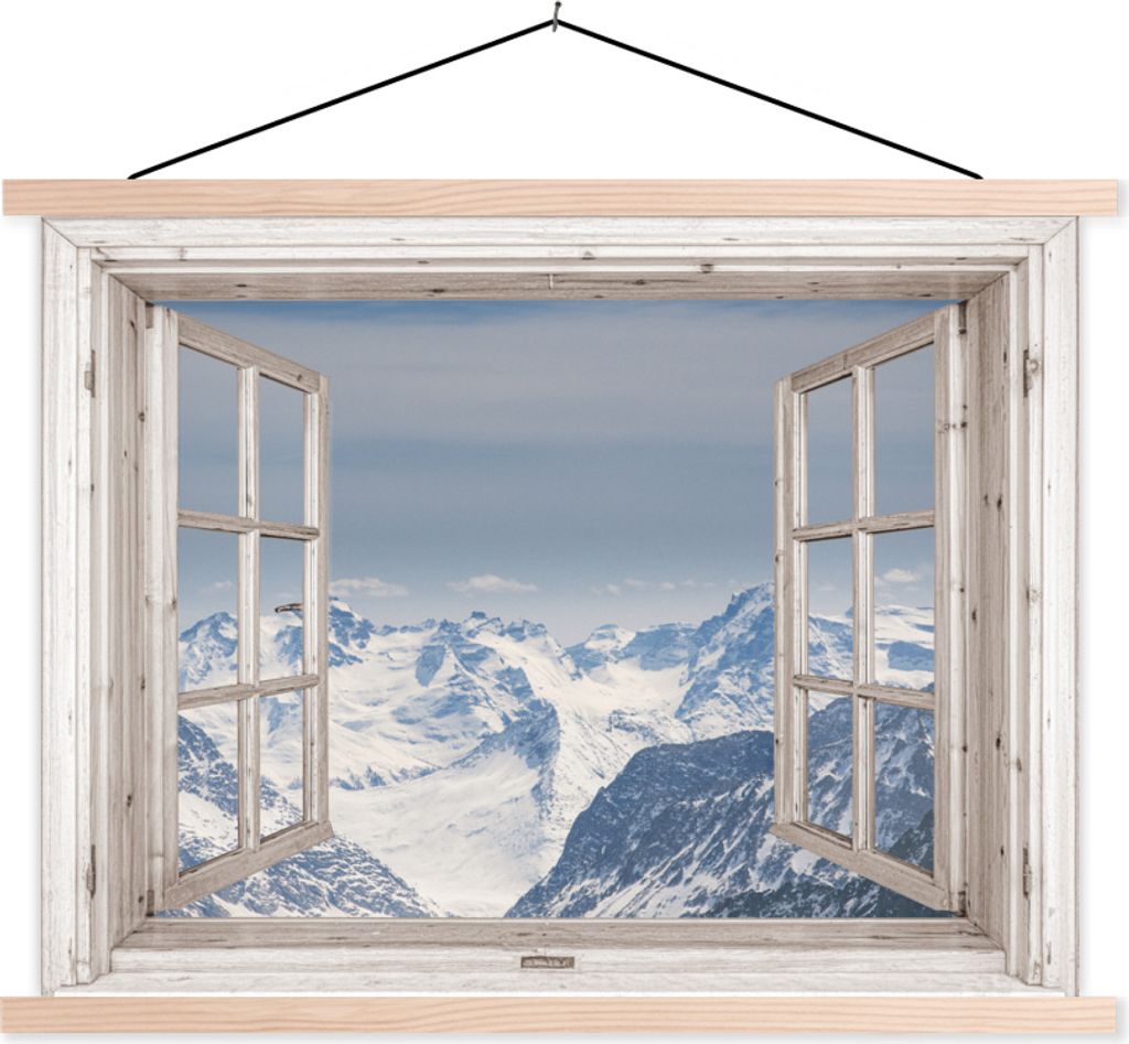 MuchoWow Textilposter Aussicht - Berg - Holz 60x45 cm mit holzfarbenen Rahmen - Bild