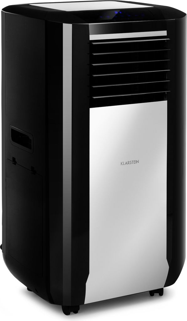 A black and silver portable air conditioner is shown from a slight angle against a white background.