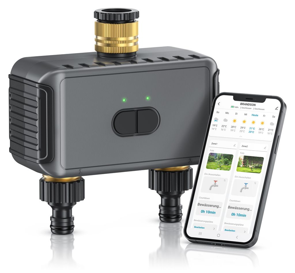 Brandson Bewässerungscomputer Smart, APP, WLAN, 2-Zonen Bewässerungssteuerung, Garten Bewässerungstimer, Wasserzeitschaltuhr, Tuya Smart, Alexa/...