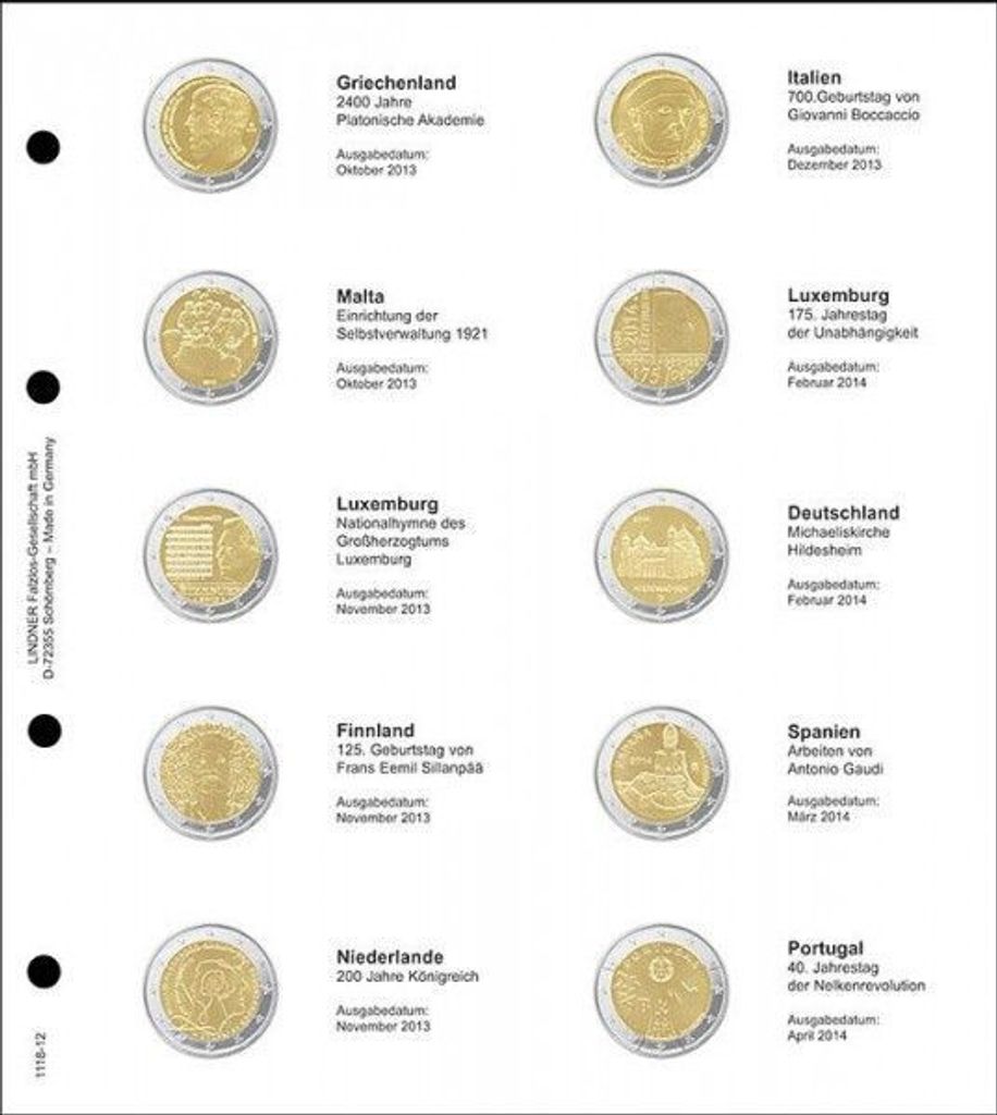 Lindner 1118-12 Vordruckblatt 2 EURO Gedenkmünzen chronologisch: Griechenland 2013 bis Portugal 2014
